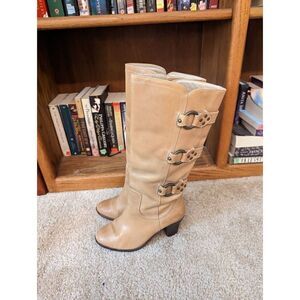 Matisse tall tan pull on leather boots sz 6.5 buckles on side euc